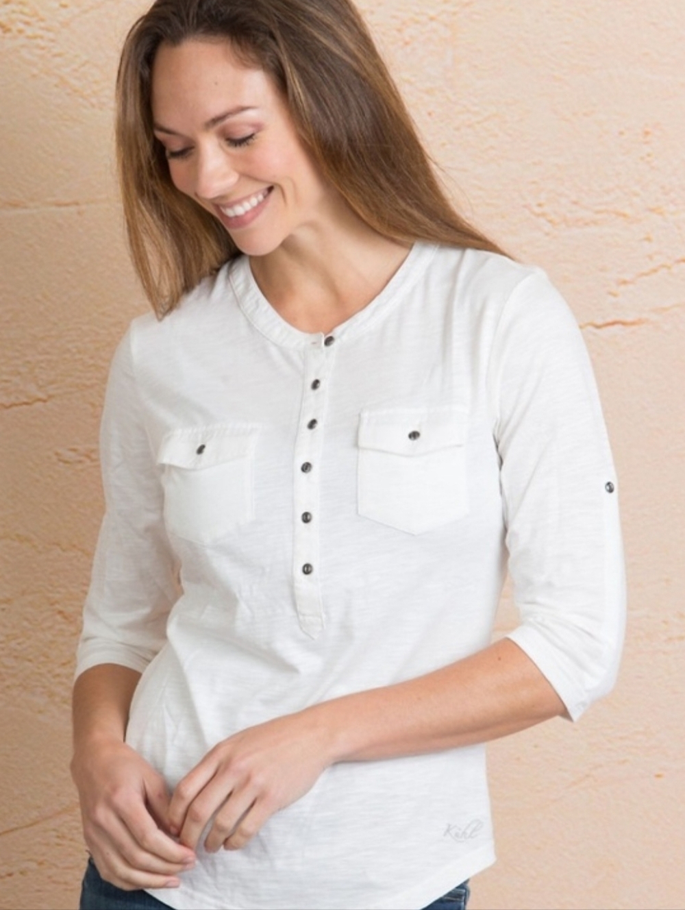 Kuhl "Khloe" Organic Cotton Henley Shirt 3/4 Sleeve White | Women's Size M - Picture 2 of 9